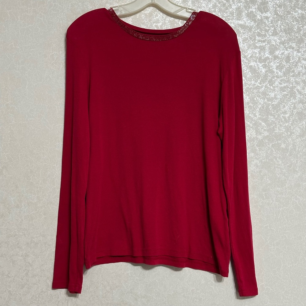 Talbots Beaded Neckline Shirt Long Sleeve‎ Top 100% Cotton Classic Casual Red L